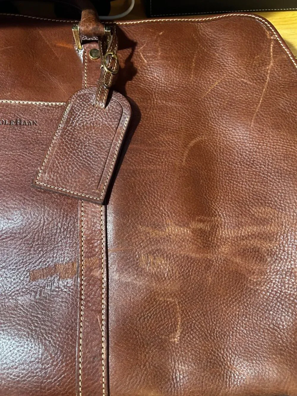 Mens Cole Haan Brown Pebbled Leather Vintage Weekender Duffel Travel Bag